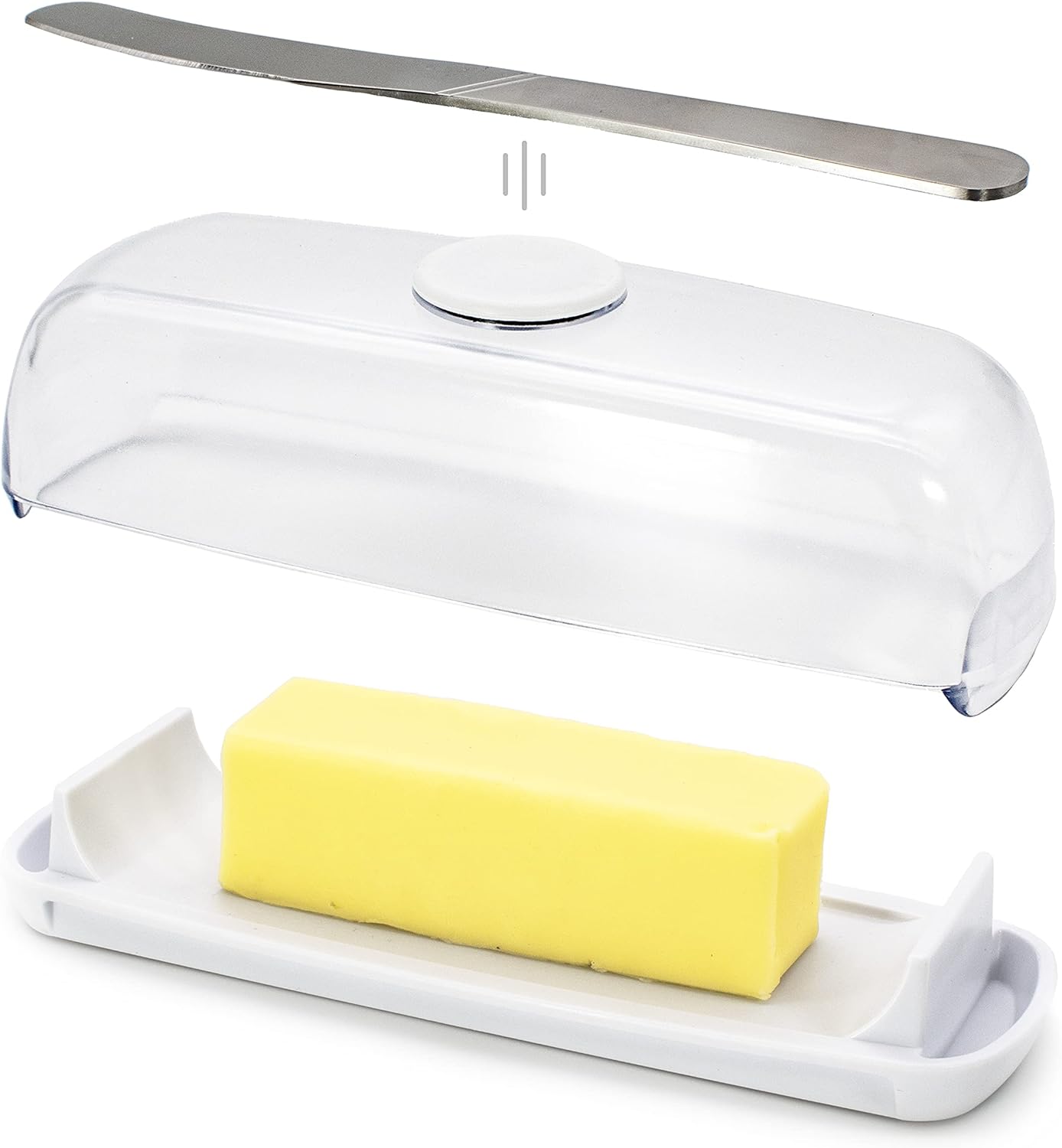 Butter Hub Butter Dish with Lid and Knife, Magnetic Butter Keeper, Easy Scoop, No Mess Lid, Plastic, Dishwasher Safe (Clear)