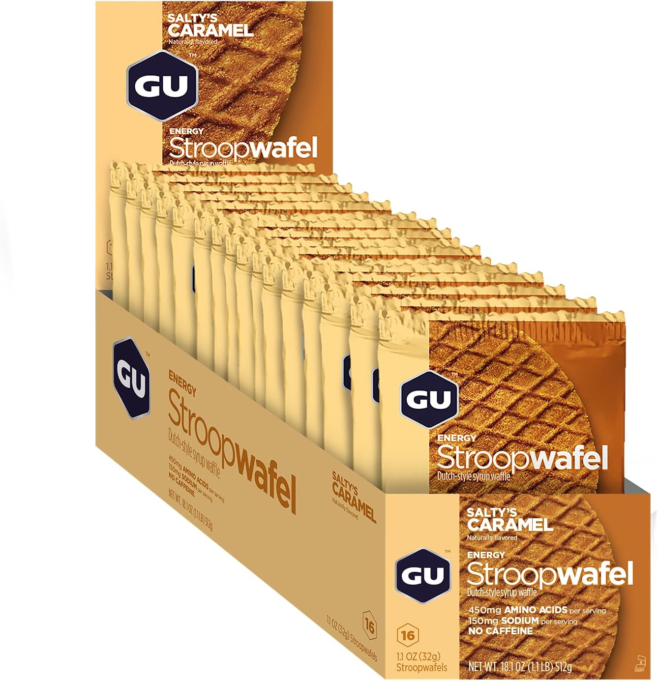 GU Energy Stroopwafel Salty's Caramel - Pack of 16, Gluten Free Dutch Style Syrup Waffle, Stroopwafels Energy Wafer, Dutch Biscuits, Stroopwafels Gift Set Ideal for Running, Cycling & Endurance Sport