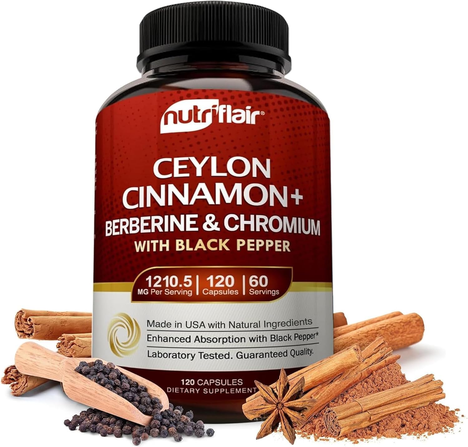 NutriFlair Ceylon Cinnamon Plus Chromium, Berberine & Black Pepper 1200mg, 120 Capsules