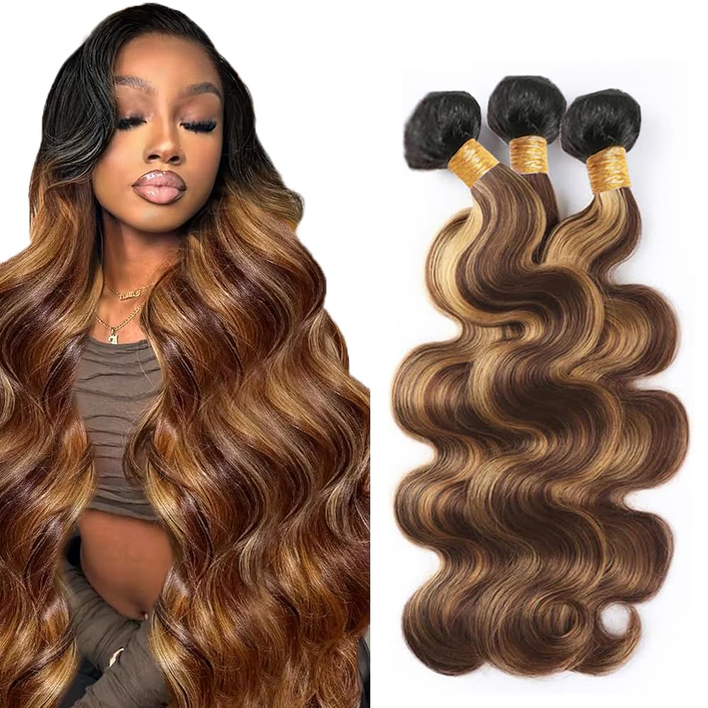 Highlight Human Hair Bundles T1BP4/27 Body Wave Bundles Brown and Honey Blonde 16 18 20 Inch Ombre Brown and Honey Blonde Human Hair Black Roots Human Hair Extensions