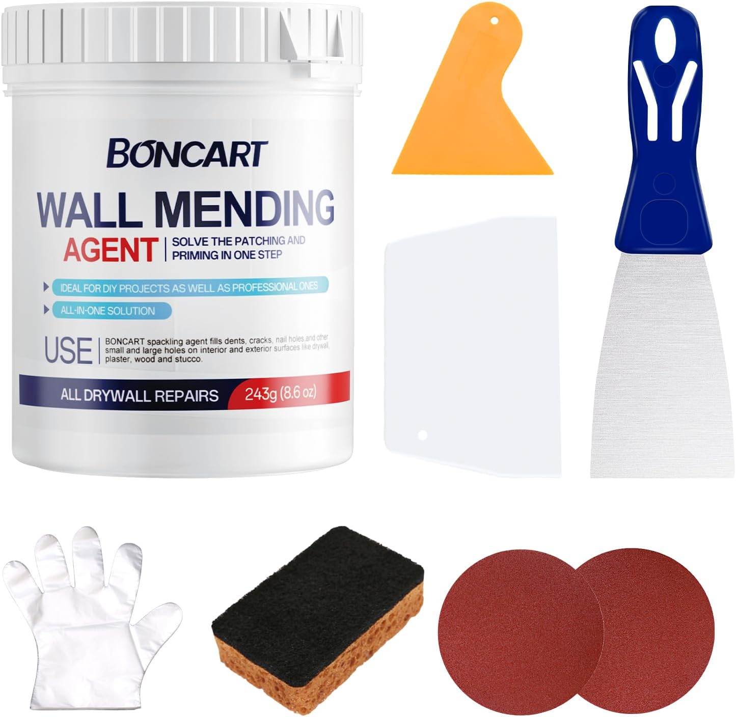 8.6oz Drywall Patch Repair Kit - Professional All-in-1 Tool Set (Scrapers/Sandpaper/Texture Sponge/Gloves) for Fast Wall Hole Repair