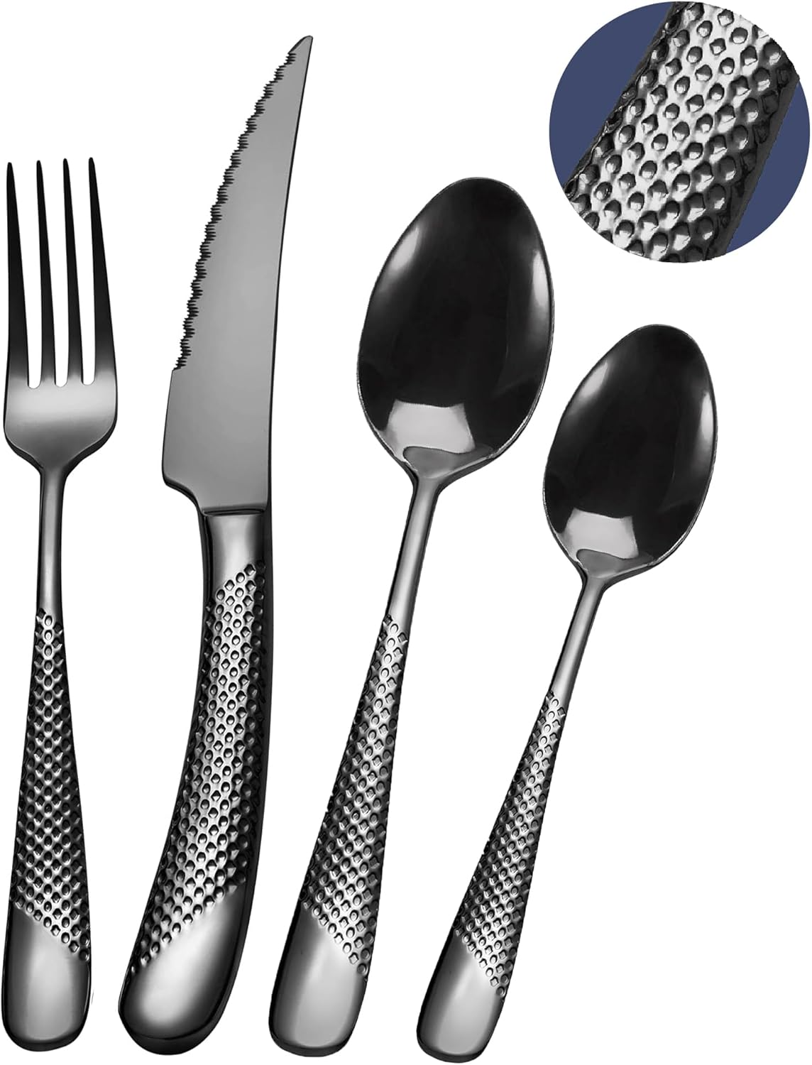 SHEUMNT 24 Pieces ​Modern Black Hammered Cutlery Set with Ultra Sharp 2-in-1 Serrated Knive, 18/10 Stainless Steel Silverware Set, Titanium ​Plated Flatware Set for 6 People, Knives Forks Spoons Set