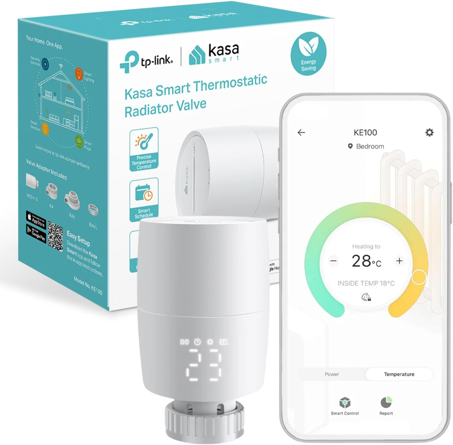 TP-Link Kasa Smart Thermostat Radiator Valve, Smart Radiator Valve, Energy Saving, LED display Radiator Thermostat Valve, Smart TRV Schedule, Works with Alexa & Google Home, Easy installation(KE100)