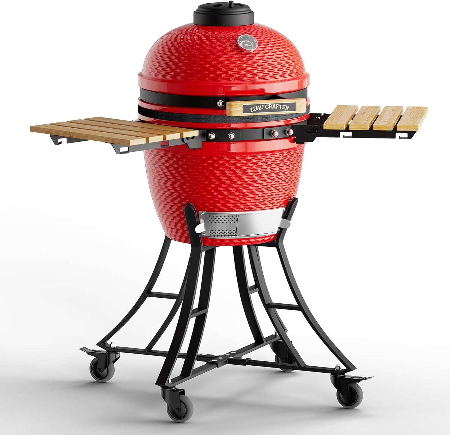 18-inch Ceramic Charcoal Grill and Smoker in Red with Cart, Portable Charcoal Grill with Side Shelves, Cover, Casters Lockable, Barbecue Grill for Home Parties and Outdoor Backyard Cooking.