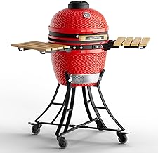 18-inch Ceramic Charcoal Grill and Smoker in Red with Cart, Portable Charcoal Grill with Side Shelves, Cover, Casters Lockable, Barbecue Grill for Home Parties and Outdoor Backyard Cooking.