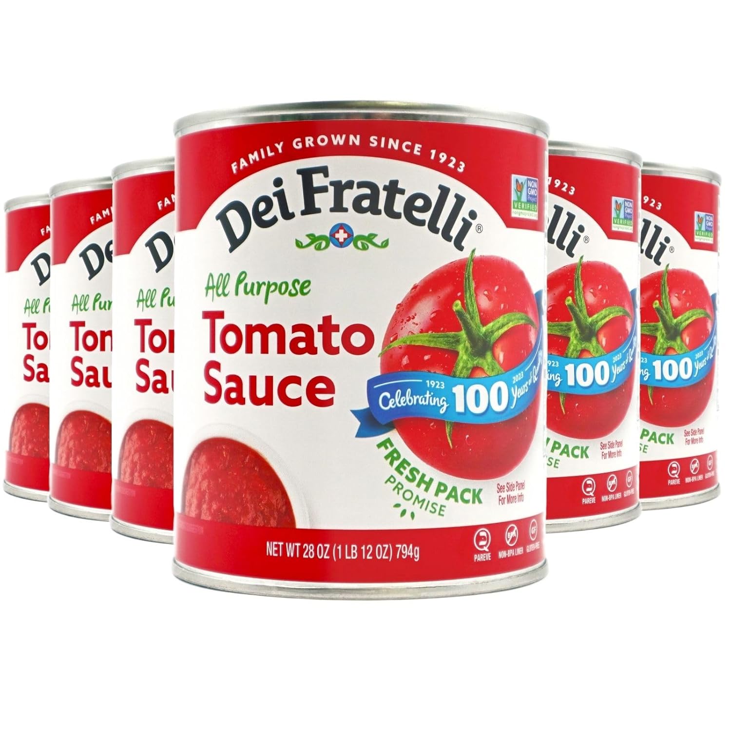 Dei Fratelli Tomato Sauce (28 oz. cans, 12 pack) - Vine-Ripened - No Water, No Paste – Non-GMO, Gluten-Free - 5th Generation Family Recipe