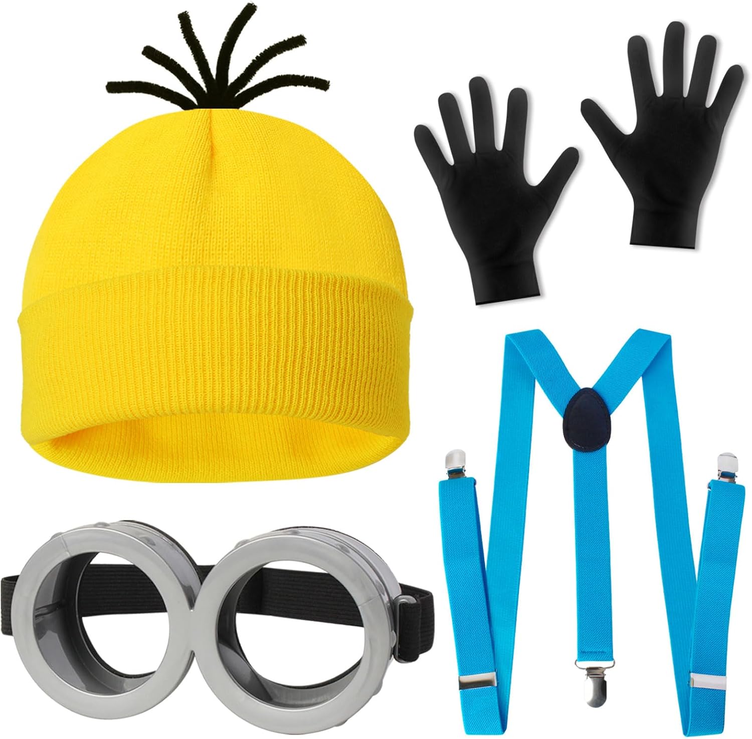 4 Pcs Halloween Costume Accessories Adults-Yellow Beanie Hat/Goggles/Gloves/Suspenders for Halloween Dress Up
