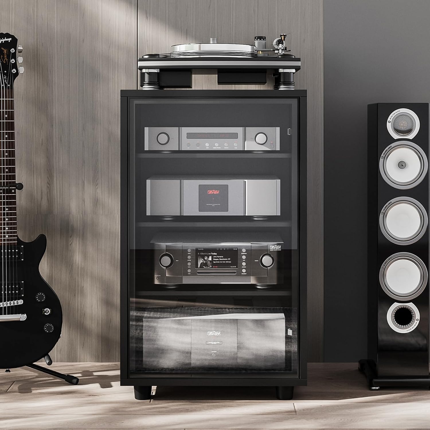 Media Storage Cabinet with Tempered Glass Door, 3 Adjustable Shelves Stereo Cabinet with Cable Management, AV Rack for Living Room/Gaming Setup/Home Studio Audio Rack (Black)