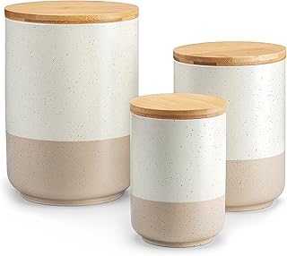 vancasso 3-Piece Stoneware Canister Set, White | Kitchen, Countertop | Canisters | Wood | Airtight