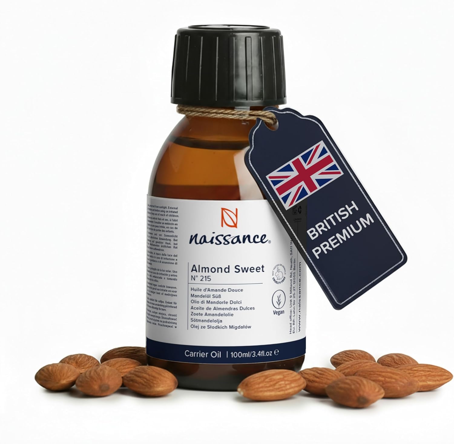 Naissance Sweet Almond Oil (No. 215) 100ml – for Skin, Hair, Massage, Nails, Cuticles, Ears, Face, Body - Natural Skin Care, Carrier Oil for Aromatherapy