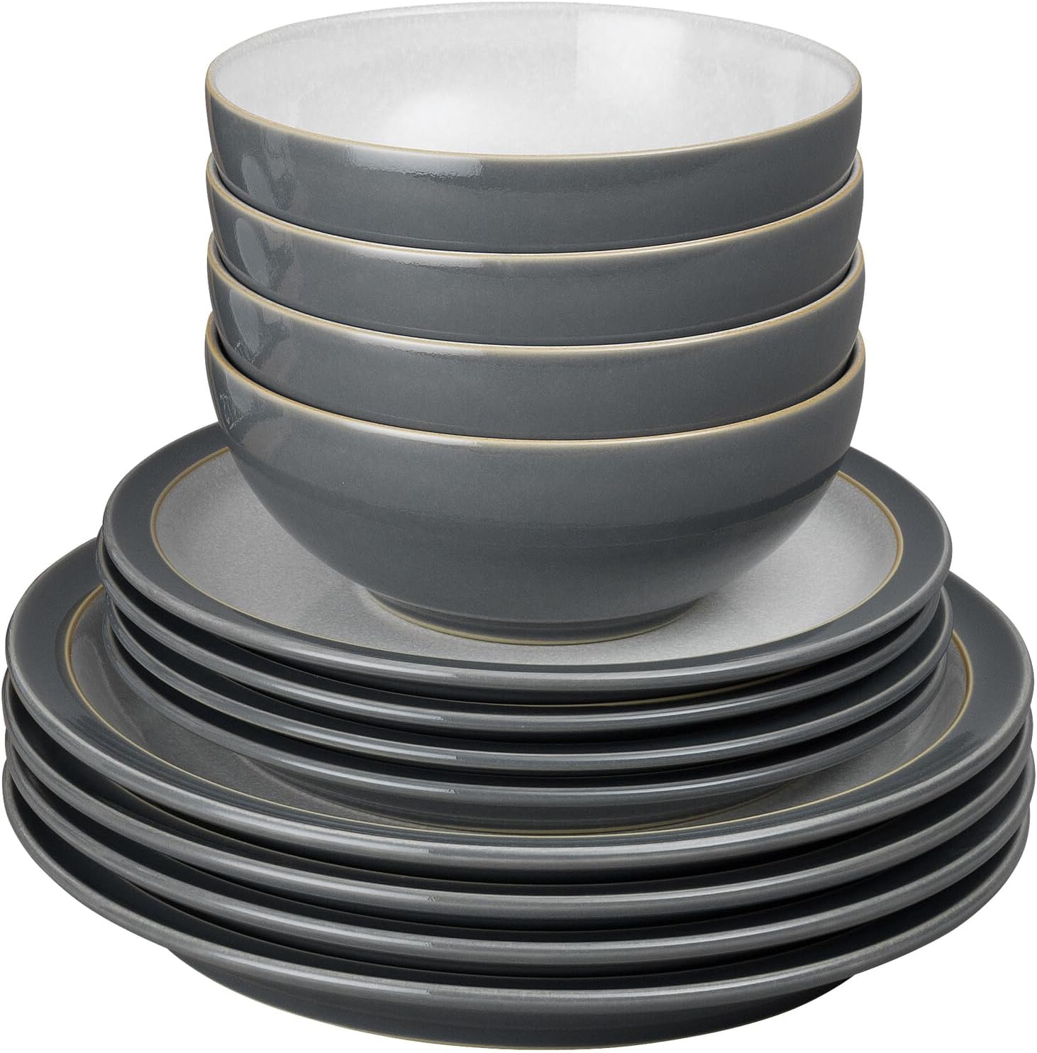 Denby - Elements Fossil Grey Dinner Set For 4 - 12 Piece Ceramic Tableware Set - Dishwasher Microwave Safe Crockery Set - 4 x Dinner Plates, 4 x Medium Plates, 4 x Cereal Bowls