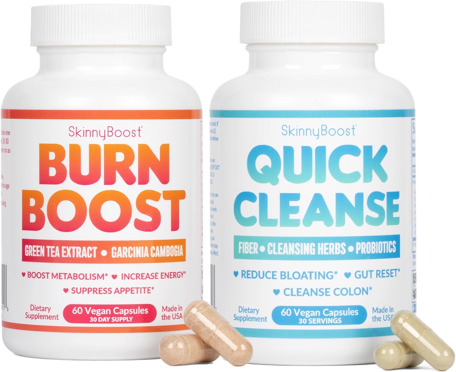 SkinnyBoost Quick Cleanse and Green Tea Vegan Capsules Kit- 60 Ct/Bottle-Reduce Bloating, Colon Cleanse, Gut Reset, Weight Support- Made in The USA (120 Capsules)