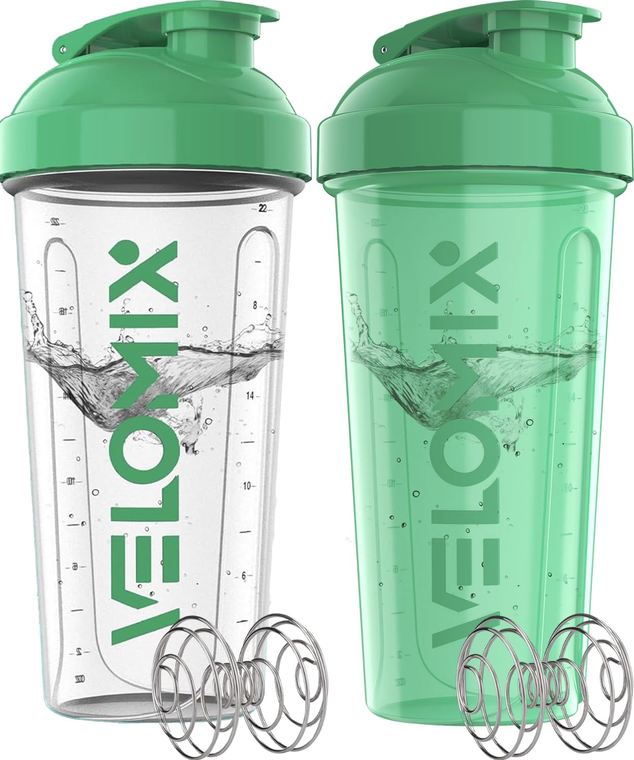 VELOMIX -2 Pack- 28 oz Protein Shaker Bottles for Protein Mixes - 2x Wire Whisk | Leak Proof Shaker Cups for Protein Shakes | Protein Shaker Bottle | Shakers for Protein mix-Turquoise&Transparent