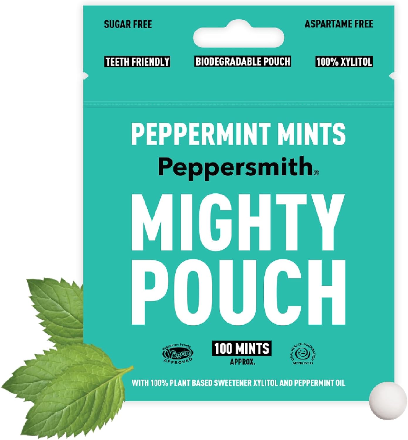 Peppersmith - British Peppermint Mints - 100% Plant Based Xylitol - Freshens Breath - Natural Flavours - Sugar Free Mints - Benefits Oral Health - Mighty Pouch - 100 Mints