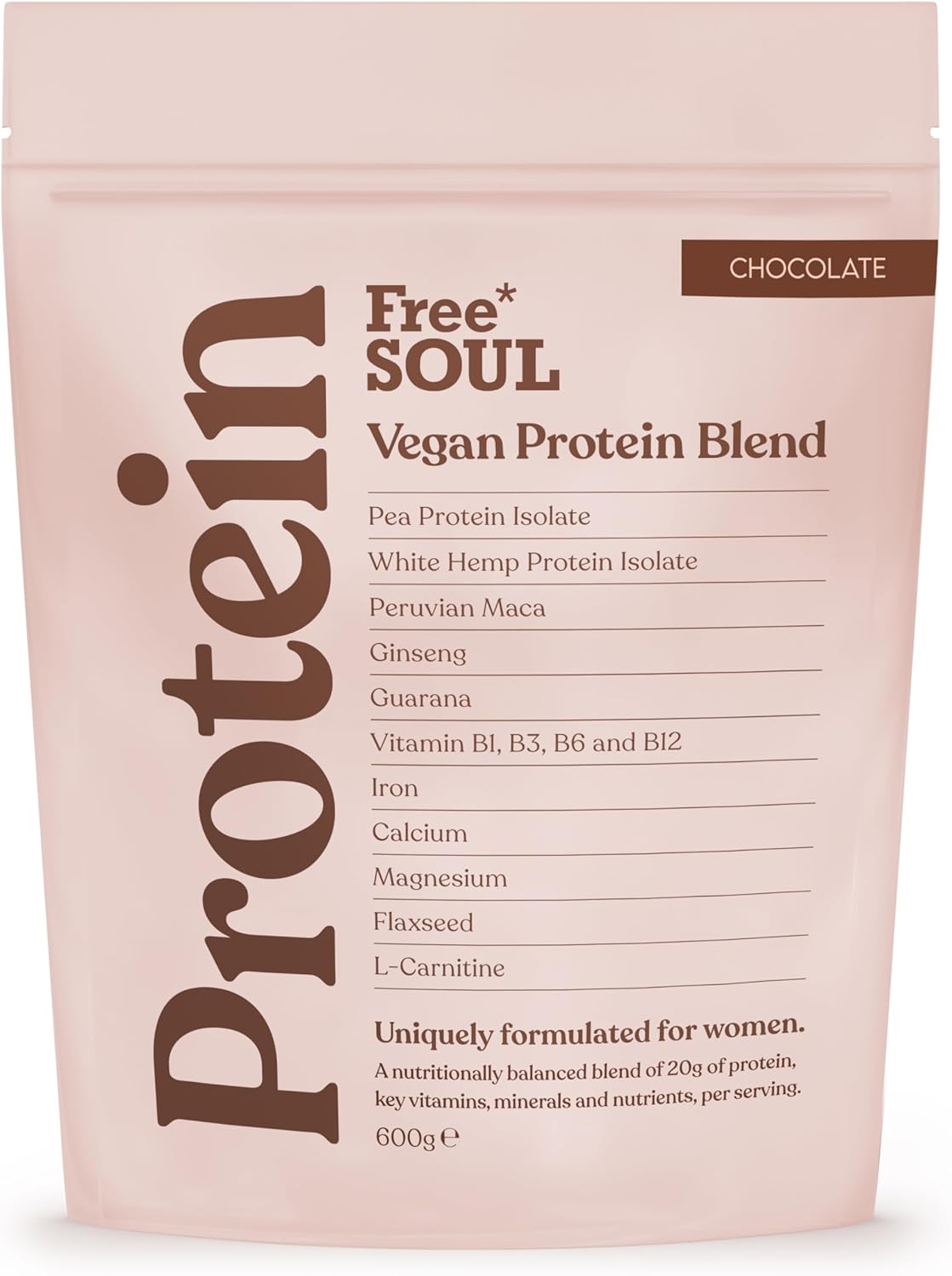 Free Soul Vegan Protein Powder | Formulated for Women | 600g | 20g Protein with Added Nutrients | Gluten & Soy Free Plant-Based Nutrition Shake | Pea & Hemp Isolate Protein | Chocolate Flavour