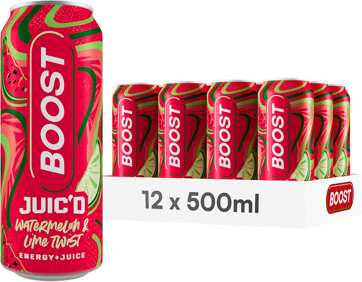 Boost Juic'd Energy Drink Watermelon & Lime Twist | 12 Multipack Carbonated Soft Drinks with Real Fruit, High Caffeine, Taurine and Vitamin B | Fizzy Energy Drink Multipack | 12x500ml