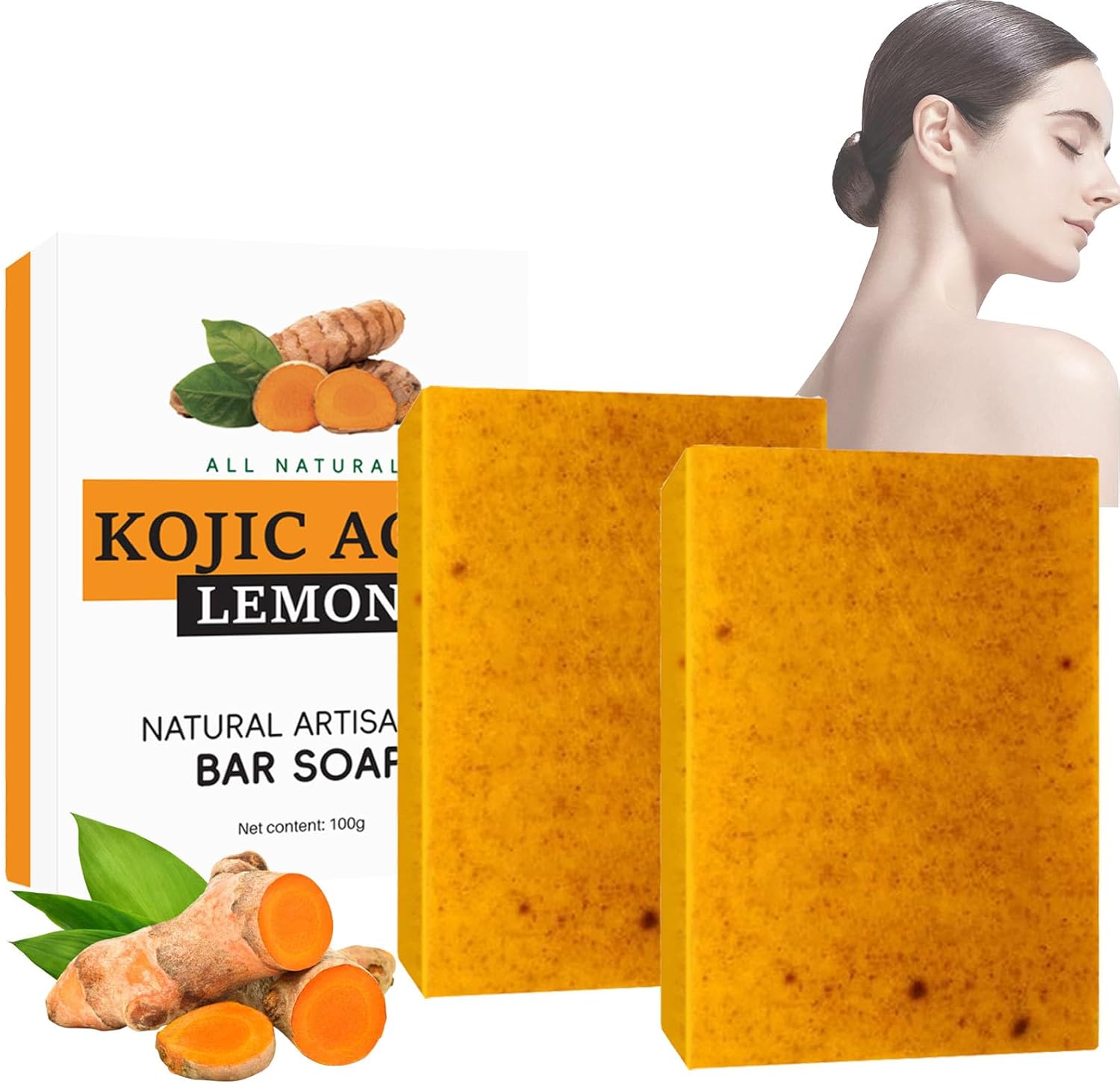 2PCS Turmeric Soap - Natural Kojic Acid Soap for Skin Care - Body & Face Kojic Acid Soap Original - Handmade Tumeric Soap for Smooth Skin, Moisturizing (200g (Pack of 2))