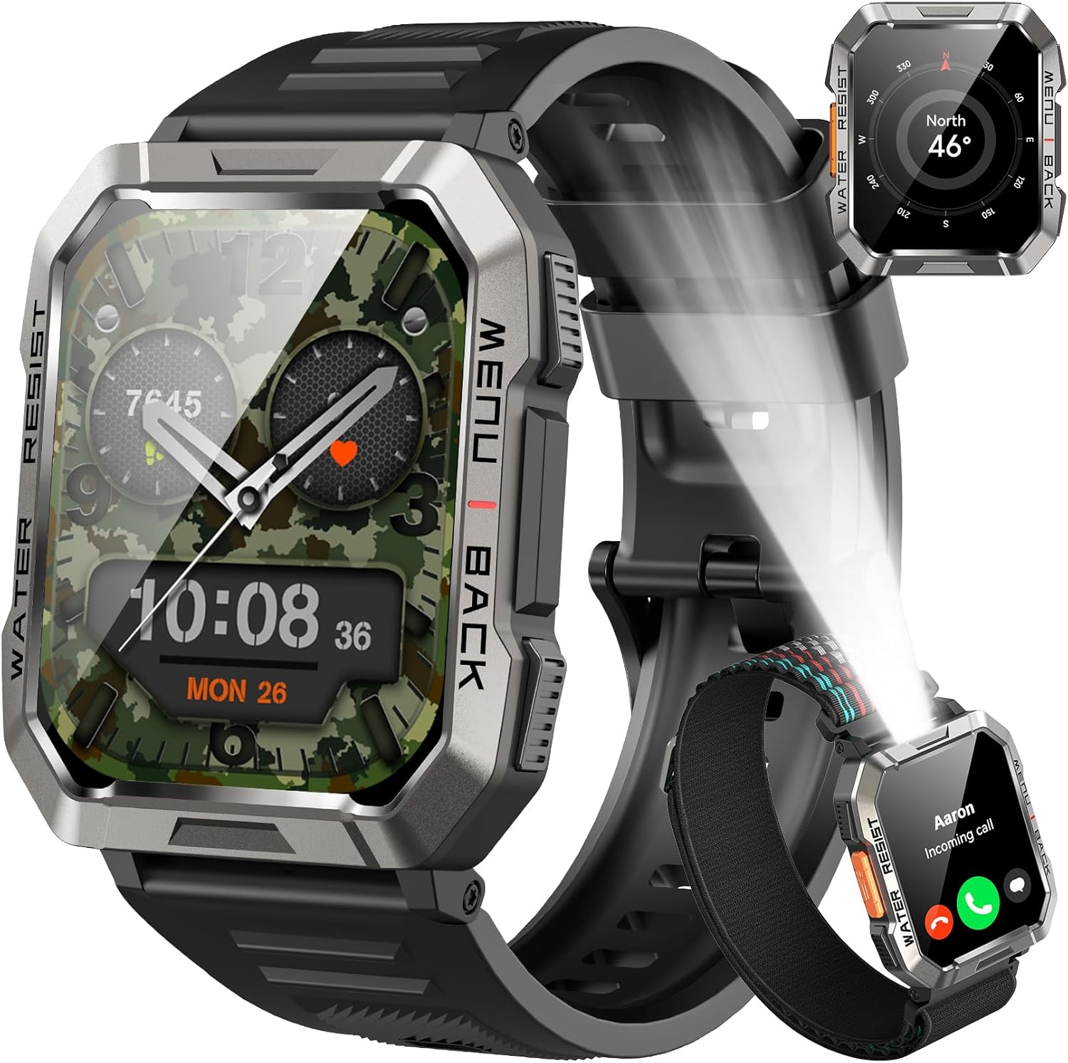Smartwatch Men Military, 100 Days Battery Life/LED Flashlight/Compass/2 Wristbands/IP68 Waterproof, 100+ Sports Modes Sports Watch, Make/Receive Calls Smartwatch Outdoor Fitness Watch for Android iOS