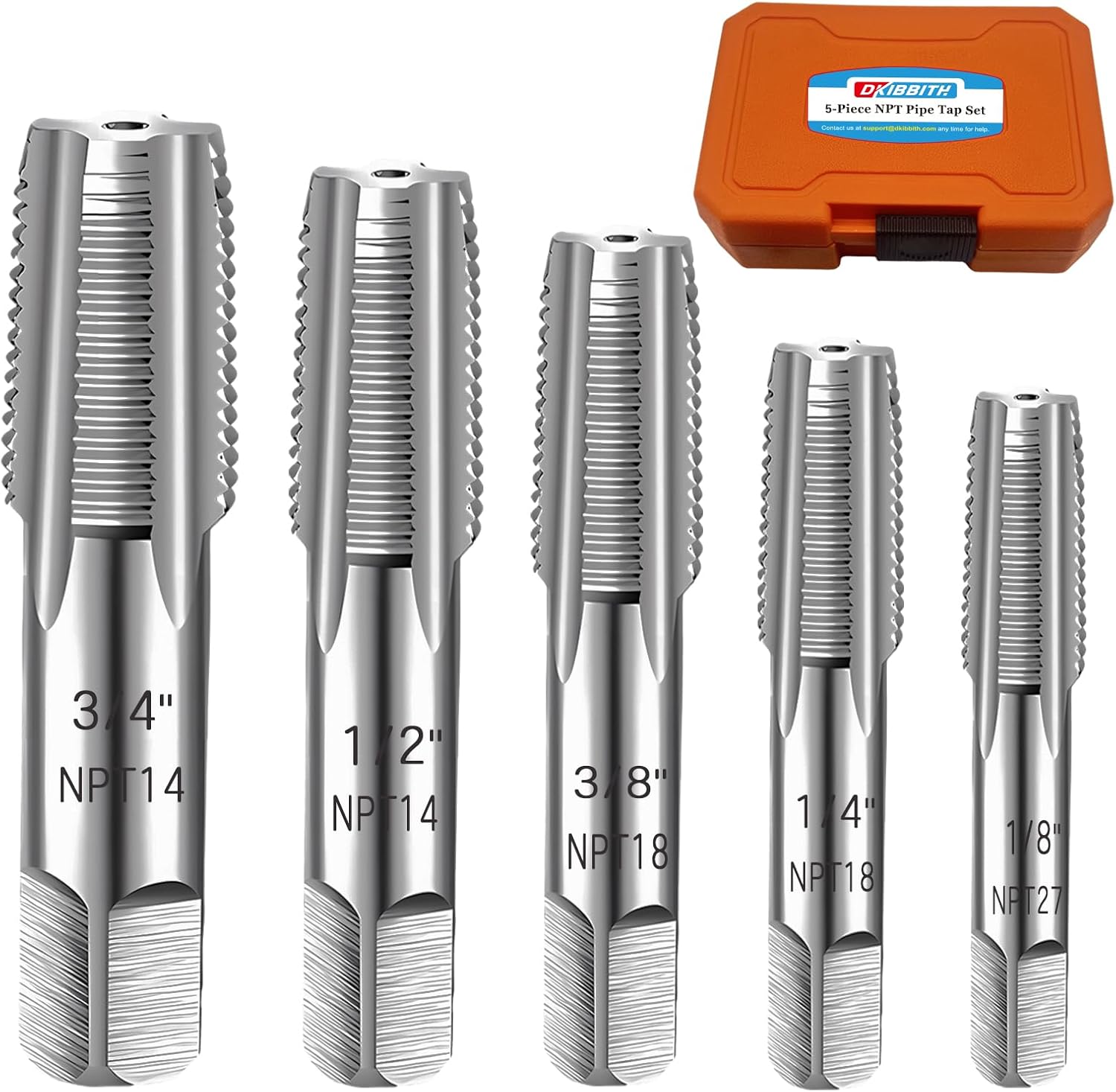 5-Piece NPT Pipe Tap Set, 1/8", 1/4", 3/8", 1/2", 3/4" ¾” NPT Tap Set Carbon Steel Hand Threading Plumbing Tap Set for Accurate Threads, Assorted Plumbers Mechanics DIY Thread cutting tools