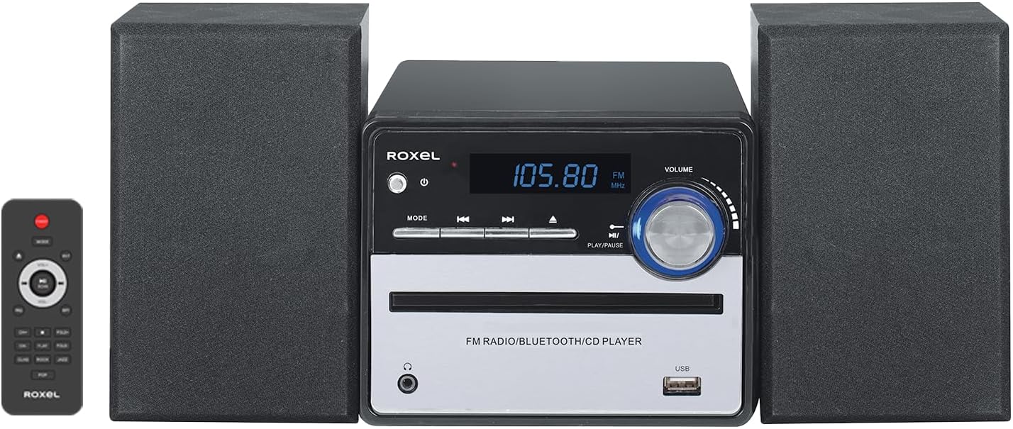 Roxel Micro All in One CD Player with USB Playback, FM Radio, BT Streaming, AUX In, and Remote Control for Versatile Listening RCD-230BT