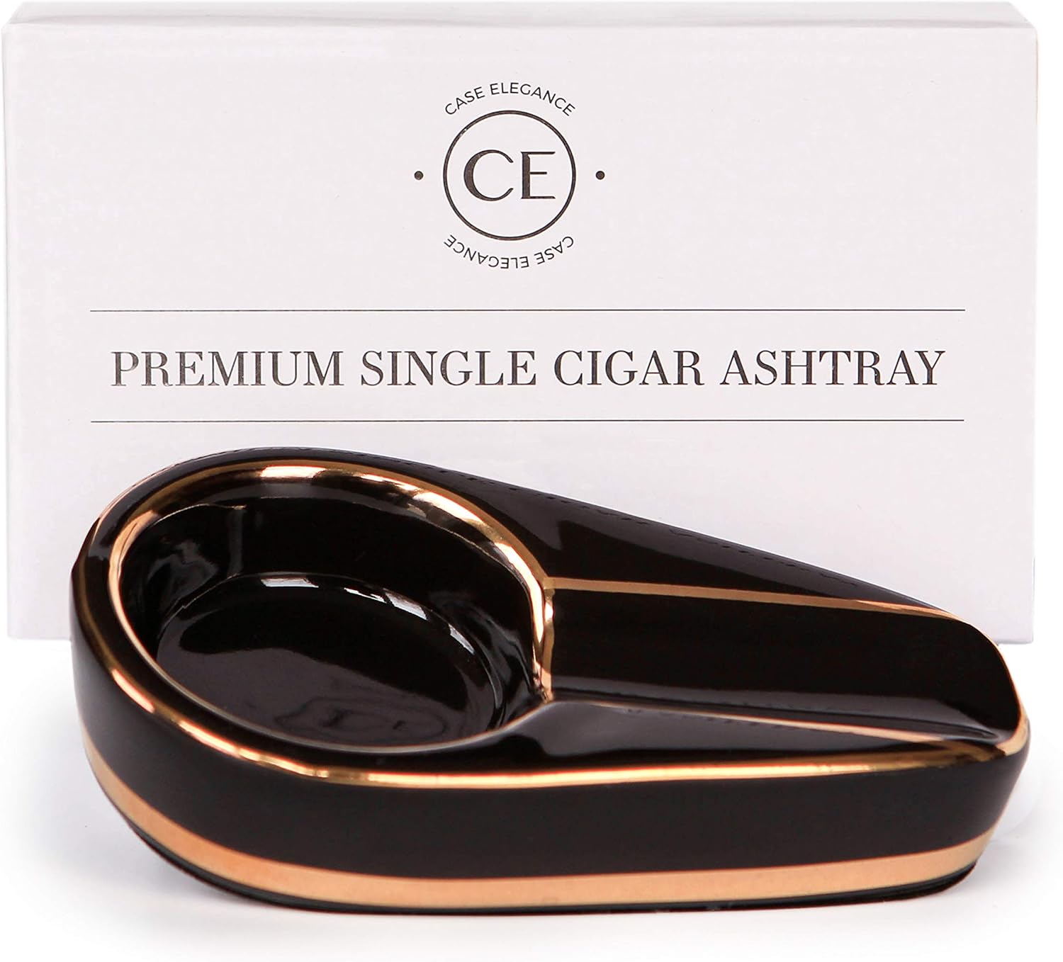 CASE ELEGANCE Black and Gold Inlay Ceramic Ashtray for Single Cigar