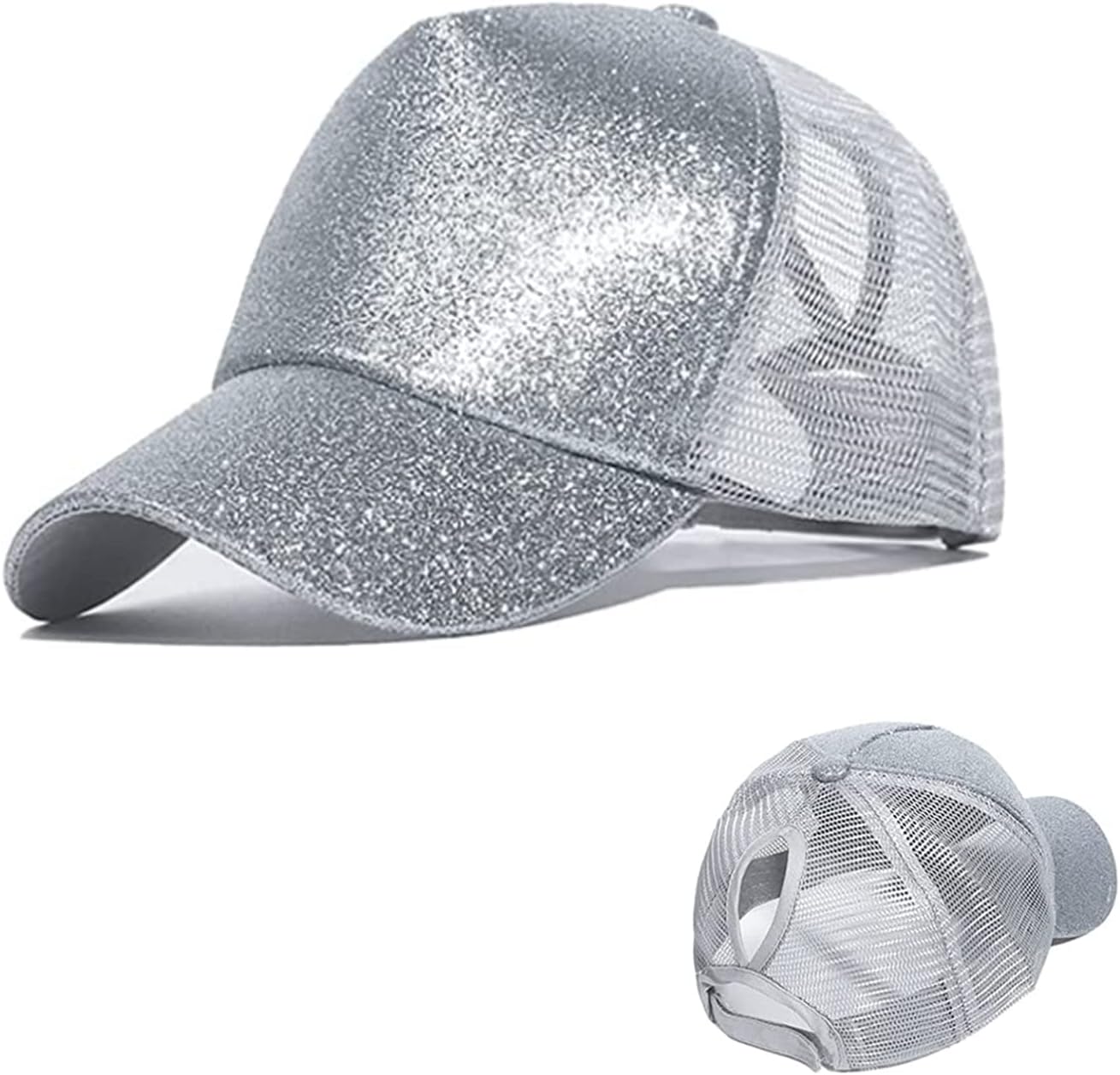 DWE Women Ponytail Baseball Cap, Summer Glitter Visor Cap Mesh Hats Casual Adjustable High Bun Ponycaps for Women Girls Outdoor Sports