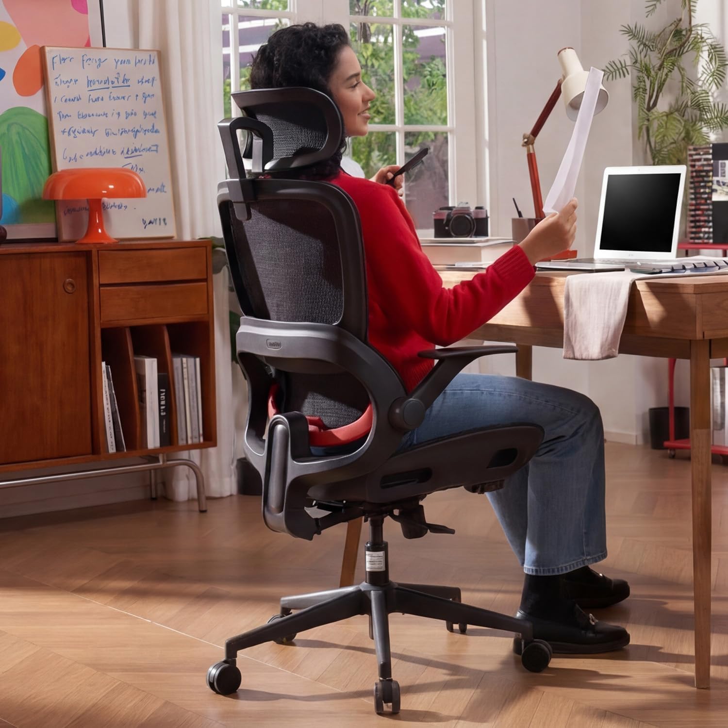 SIHOO B100 Office Chair, Ergonomic Office Chair Without Footrest, Computer Chair with Wide Headrest & Adaptive Lumbar Support, Flip-up Armrests, Swivel Desk Chair for Long Hours, Black