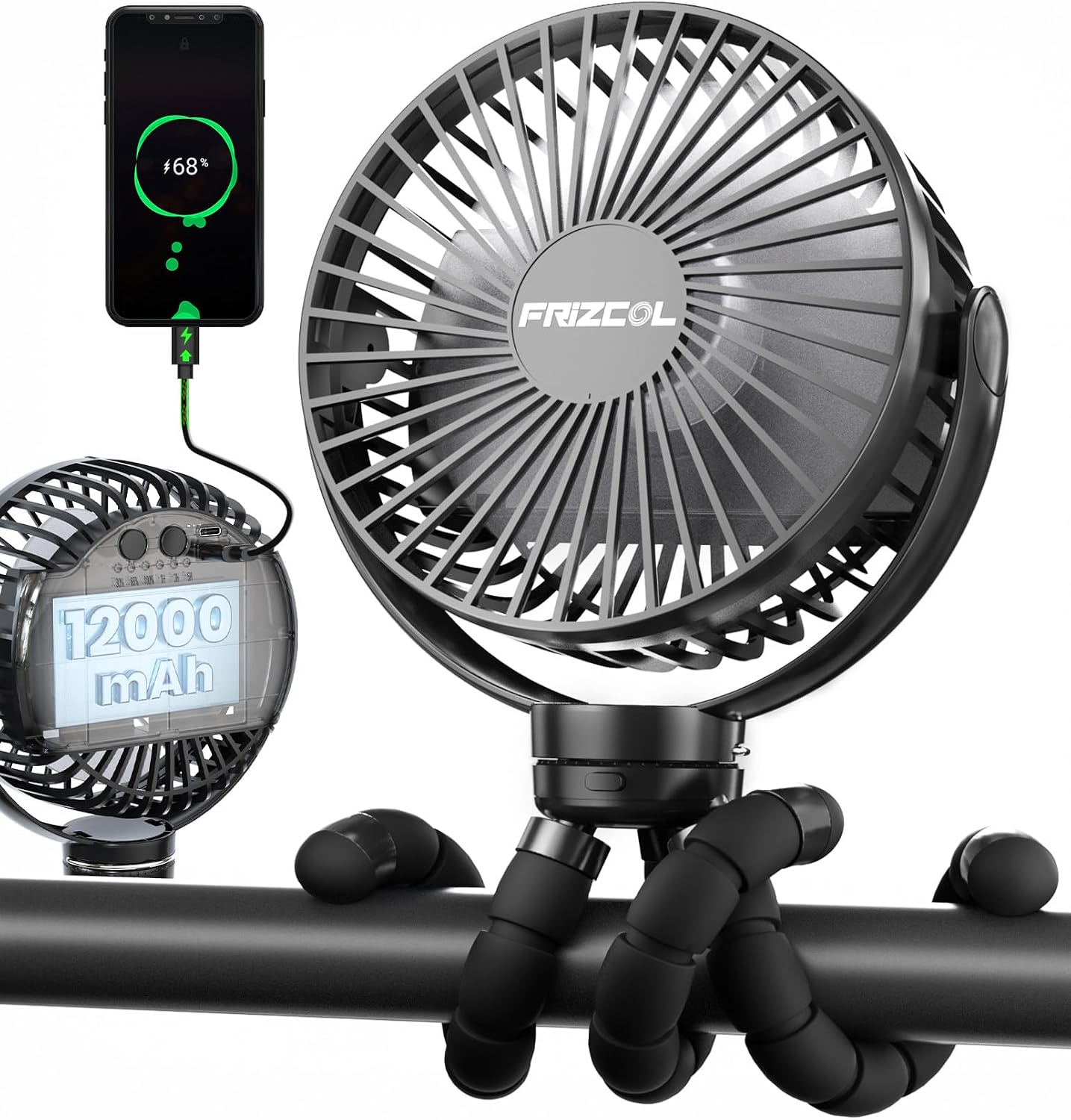 FRIZCOL 12000mAh Portable Stroller Fan 65Hours As Power Bank Clip Fan