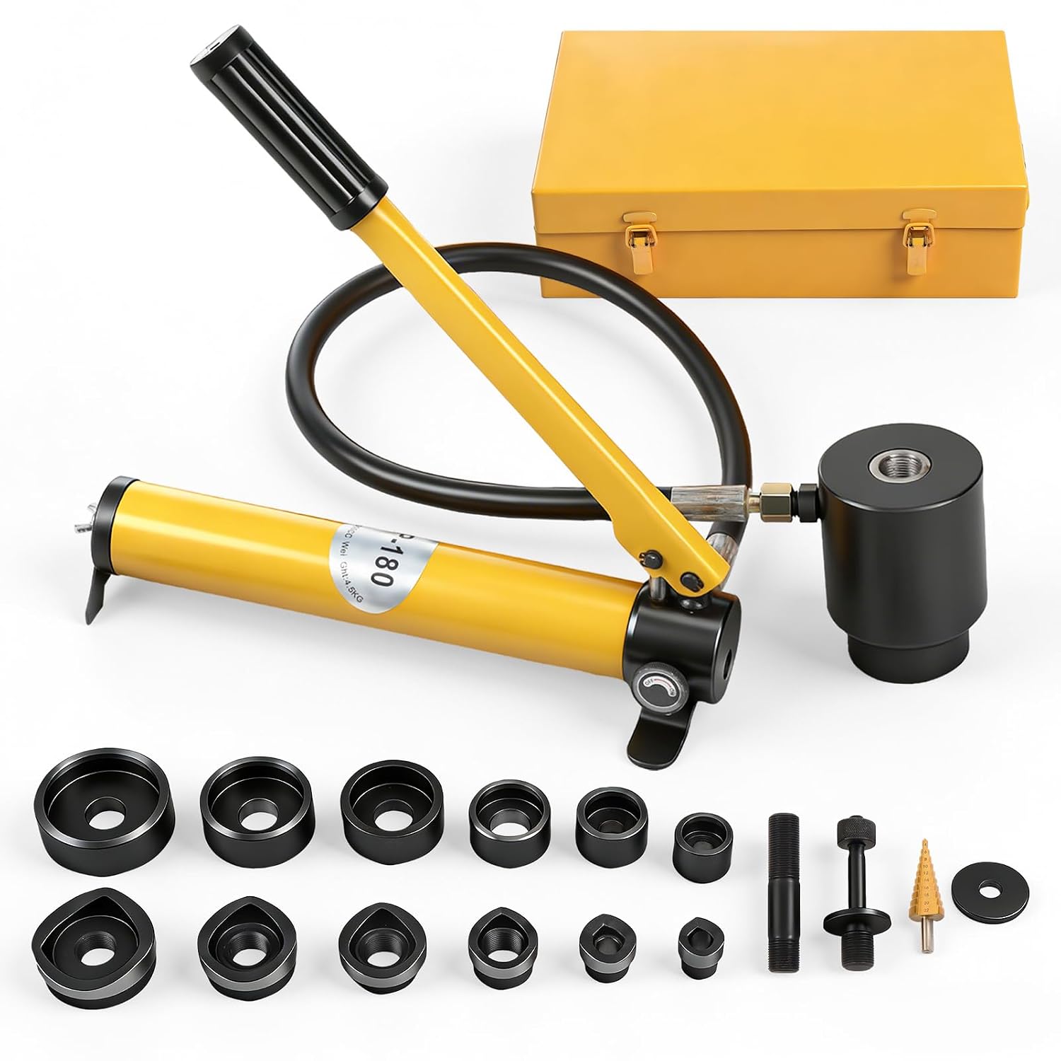 15 Ton Hydraulic Knockout Punch Kit, 1/2" to 4" Conduit Hole Cutter Set, KO Tool Kits W/Puncher 10 Piece, Metal Sheet Driver Tools, for Aluminum, Brass, Stainless Steel, Fiberglass and Plastic