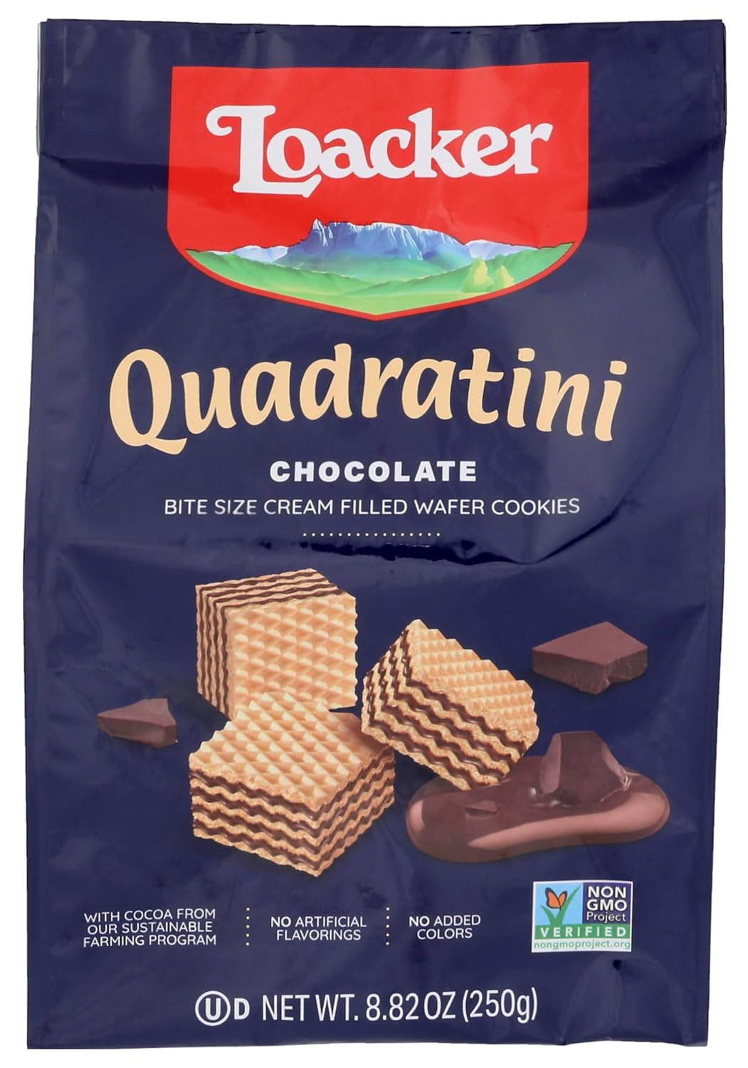 Loacker Quadratini Chocolate Wafer Cookies - 30% Less Sugar - Premium Crispy Bite Size Wafers with Chocolate Cream Filling - Resealable Family Pack - NON-GMO - Fine Flavor Cocoa from our Sustainable Farming Program - LARGE Snack Bag 250g/8.82oz