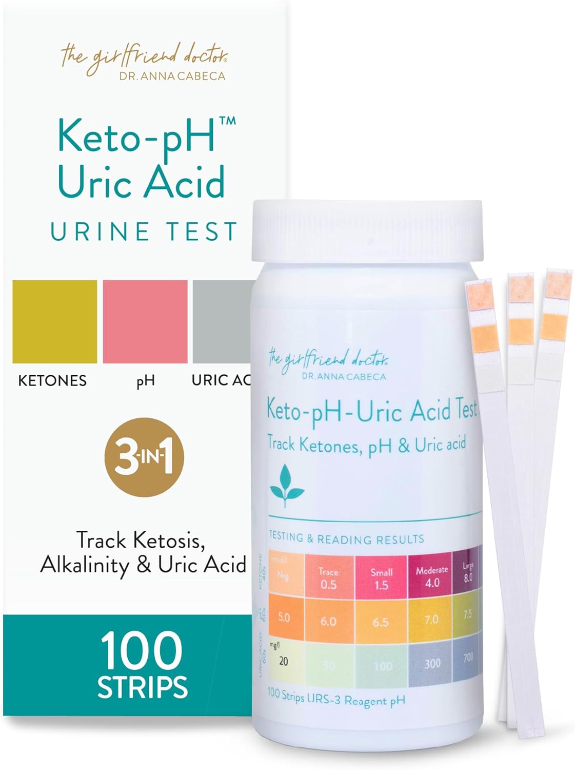 3-in-1 Ketone + pH + Uric Acid Urine Keto Test Strips (100ct) by Dr. Anna Cabeca - Ketosis Test Kit for Ketogenic, Low-Card, Alkaline Diets