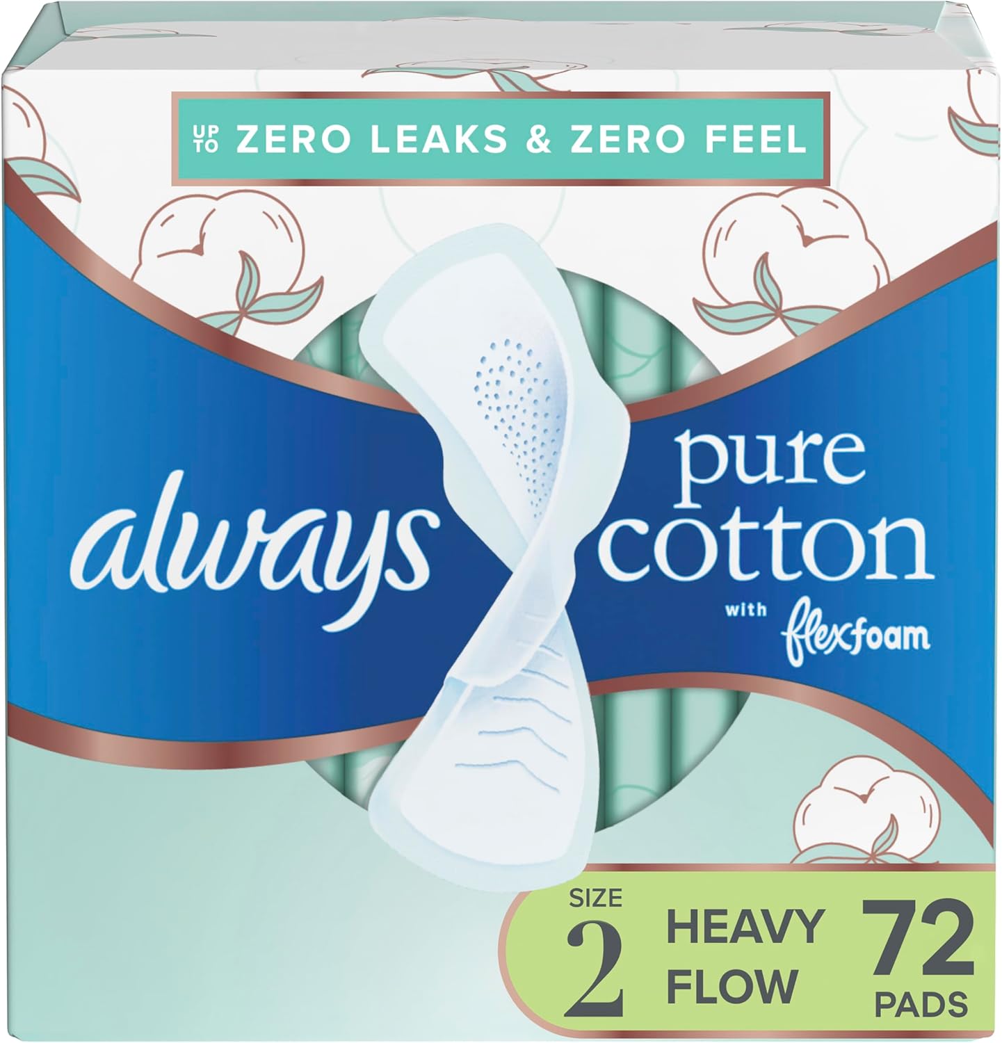 Always Pure Cotton Feminine Pads for Women, FlexFoam Pads with Wings, Size 2, Heavy Absorbency, Unscented, 72 Count (3 Packs of 24)
