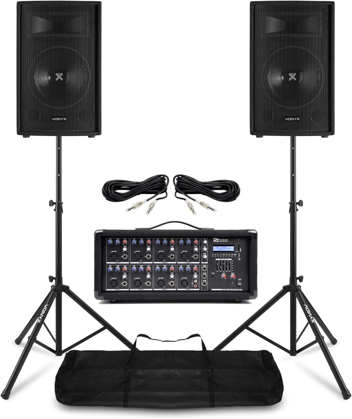 Power Dynamics Complete PA System Package - 400W SL8 8" Passive Speakers, 8-Channel Mixer Amplifier with Bluetooth, Speaker Stands & Cables for Vocalists, Bands, Churches & Events
