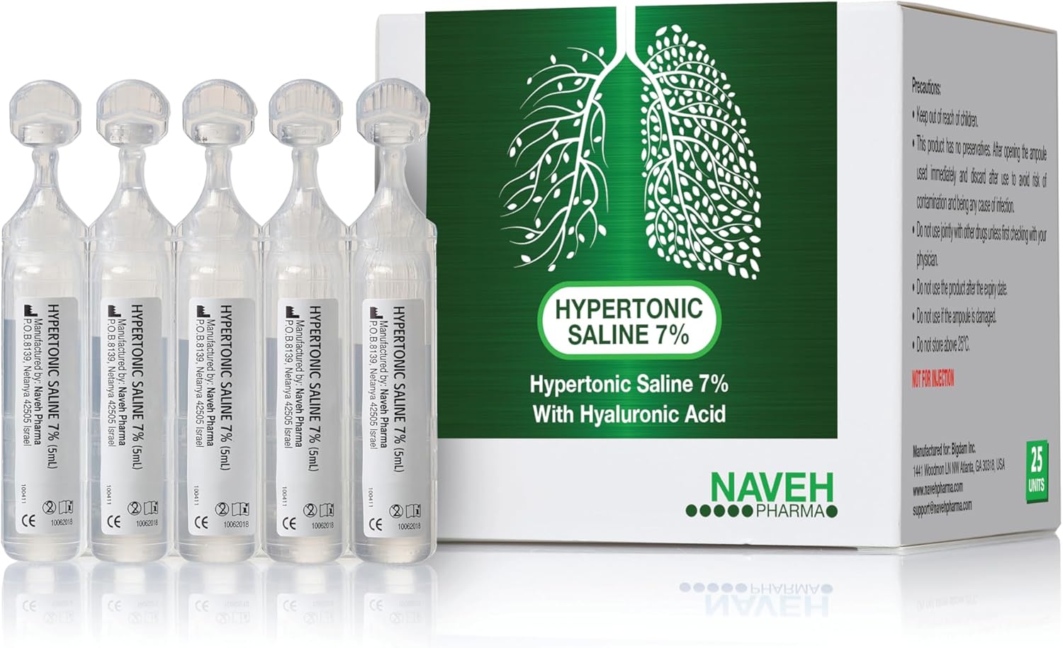 NAVEH PHARMA | Hypertonic Saline Solution 7% + Hyaluronic Acid | Nebulizer Diluent for inhalators and Nasal Irrigation | Helps Clear Congestion from Airways & Lungs (25 Sterile Bullets of 5ml)