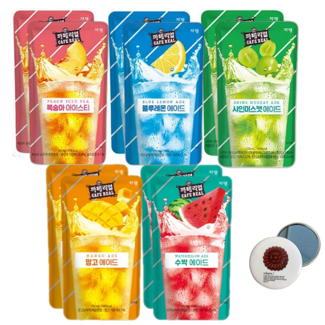 Korean Covenienve Store Drink Pouch Sampler Set - 5 PACK 10 PACK (mango, watermelon, blue lemonade, peach ice tea, shine muscat) + dalgaru yakgwa mirror (ADE 10 PACK)