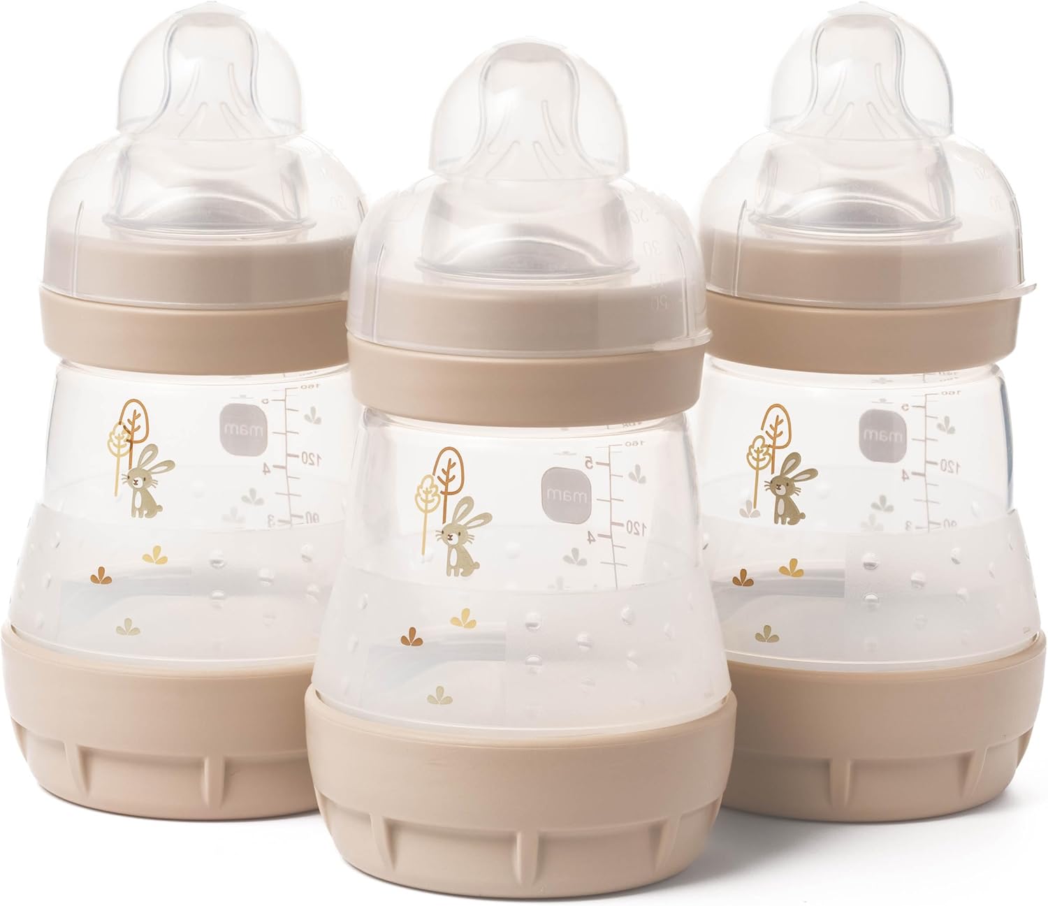 MAM Easy Start Anti-Colic Baby Bottles | 3 Pack (3 x 160ml) | Self-Sterlising Baby Milk Bottle | Slow Flow MAM Teats Size 1 | Newborn Essentials | Beige (Various Designs)