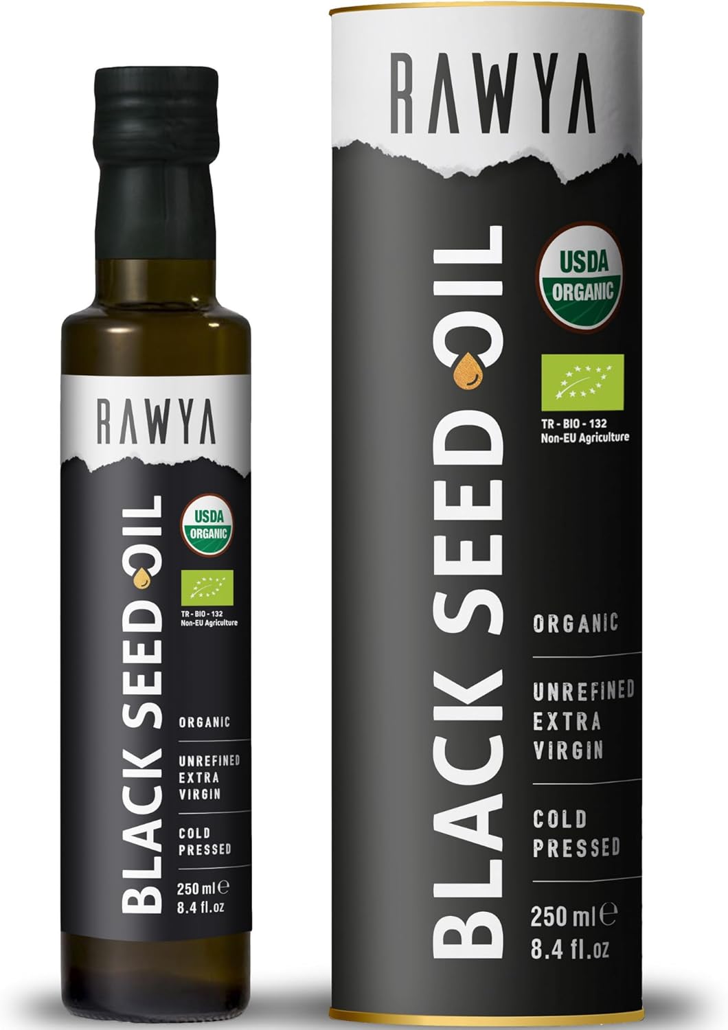 RAWYA Organic Black Seed Oil - Cold Pressed - Turkish Origin - Black Cumin - Kalonji - Nigella Sativa Supplement with Omega 3, 6, 9 - Hair Growth & Skin Support - Strong Taste - 250 ml - Pack of 1