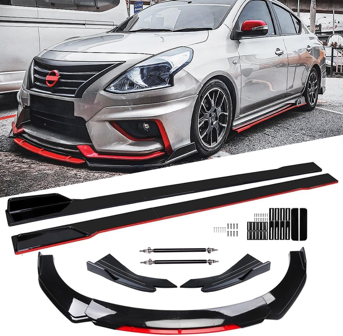 Black & Red Universal 69" - 73" Adjustable Car Front Bumper Lip Splitter Chin Spoiler Body Kit with 86.6" Side Skirt Extension Rocker Panel and Rear Bumper Lip Diffuser Compatible Most Vehicle