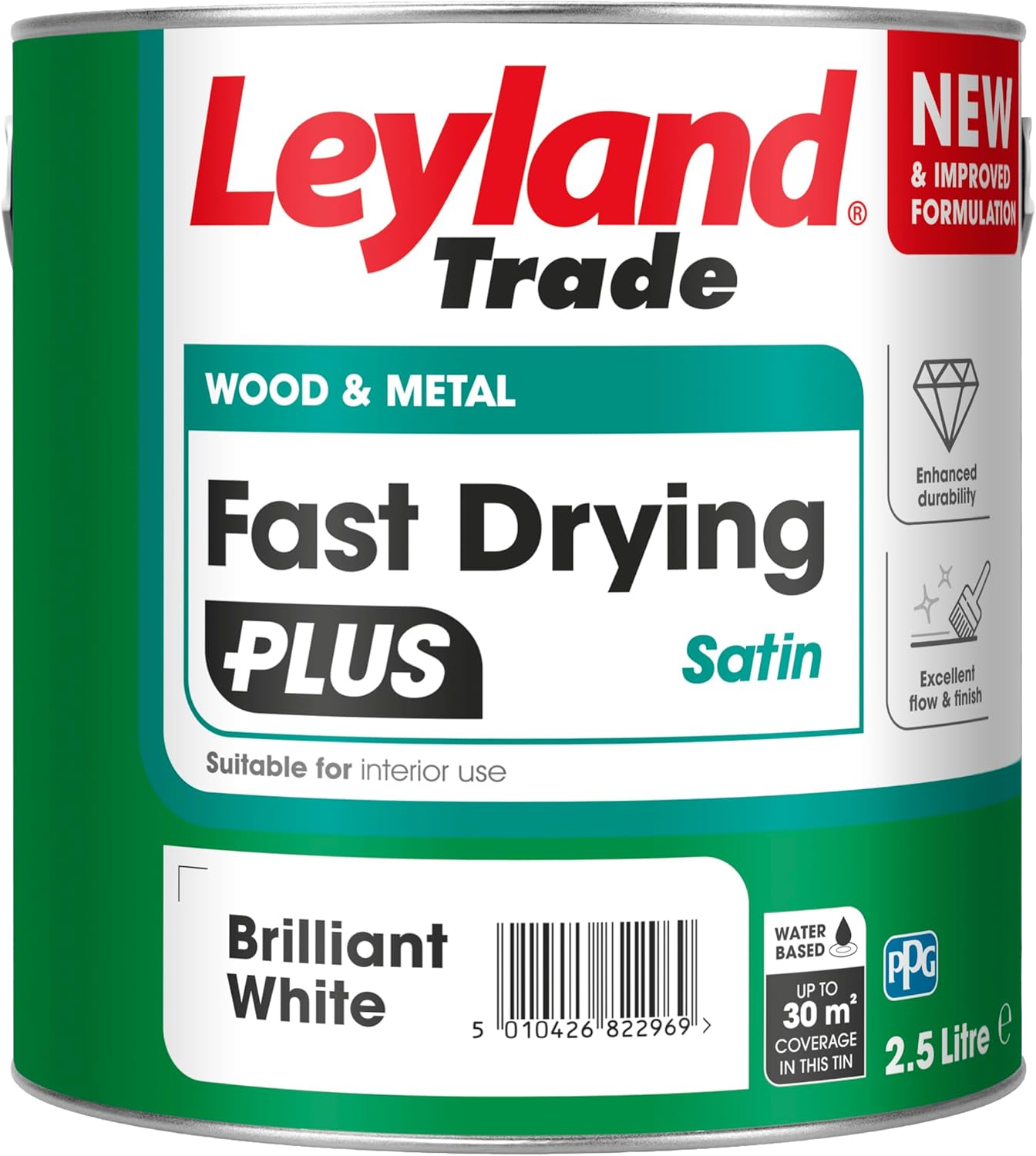 Leyland Trade – Wood & Metal - Fast Drying Plus - Satin - Brilliant White - Enhanced Durability – Excellent Flow & Professional Finish - 2.5L
