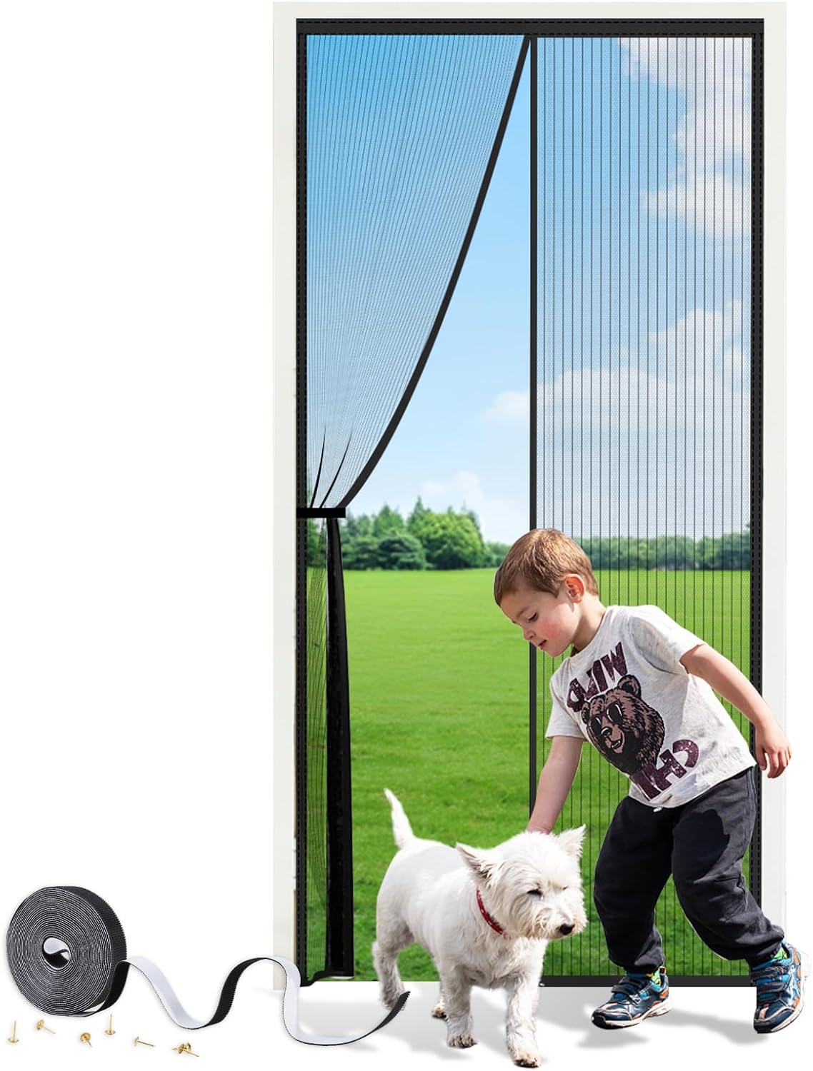 SMALUCK Magnetic Door Screen, Heavy Duty Fly Screen Mesh with Powerful Magnets, Durable Mesh Curtains Keeps Bugs Out, Frame Hook & Loop, Kid and Pet Friendly, 90 x 210 cm, Black