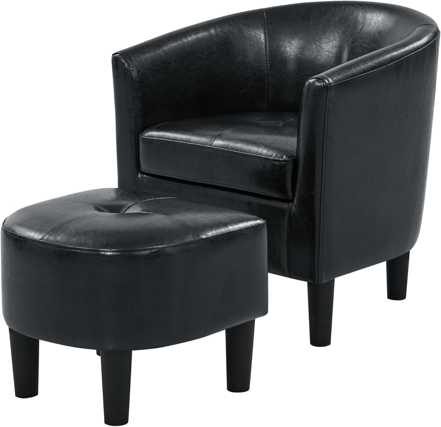 INMOZATA Bedroom Chair and Ottoman - Modern PU Leather Accent Barrel Chair with Footrest - Comfy Reading Armchair and Footstool for Living Room/Waiting Room/Guestroom(Black)