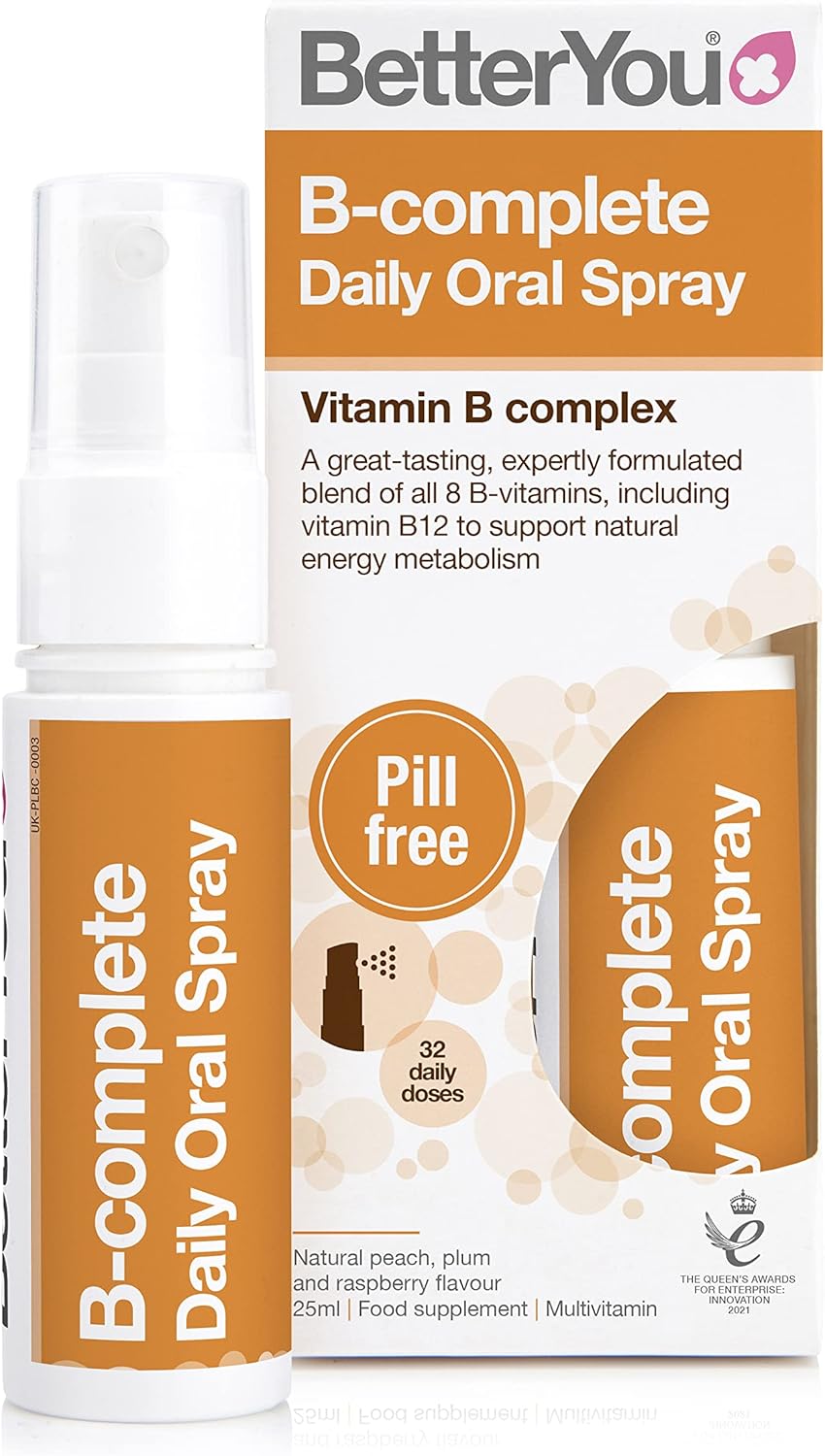 BetterYou B-Complete Oral Spray, Fast Acting B-Complex Supplement, High Strength Blend of All 8 B-Vitamins, Natural Peach, Plum & Raspberry Flavour, 1-Month Supply
