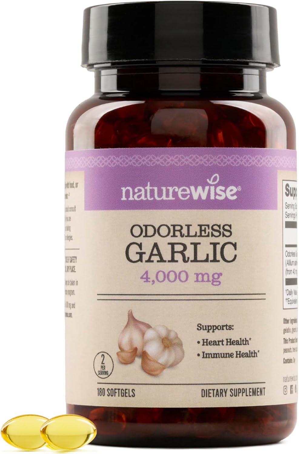 NatureWise Odorless Garlic Supplement 4000mg - Ultra Potent 100:1 Extract - Healthy Cholesterol Formula, Heart Health Support - Non-GMO, Gluten Free, with Halal Gelatin - 180 Count[90-Day Supply]