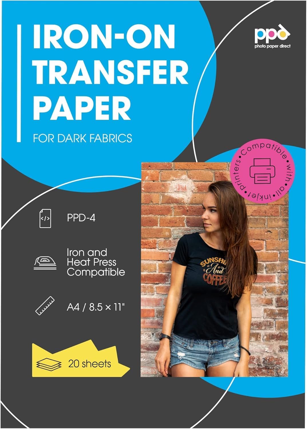 PPD Iron on Transfer Paper for Dark Fabric Compatible with Inkjet Printer, A4, 8.5 x 11 Printable T Shirt Heat Transfer Papers Machine Washable (20 Pack)