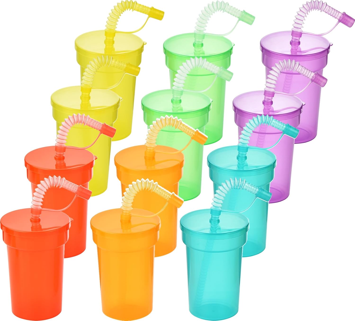 Haundry 12 Pack Kids Party Cups with Lid and Straws, Colorful Plastic Sipper Party Favors Cups for School Events and Birthday Celebrations Supplies