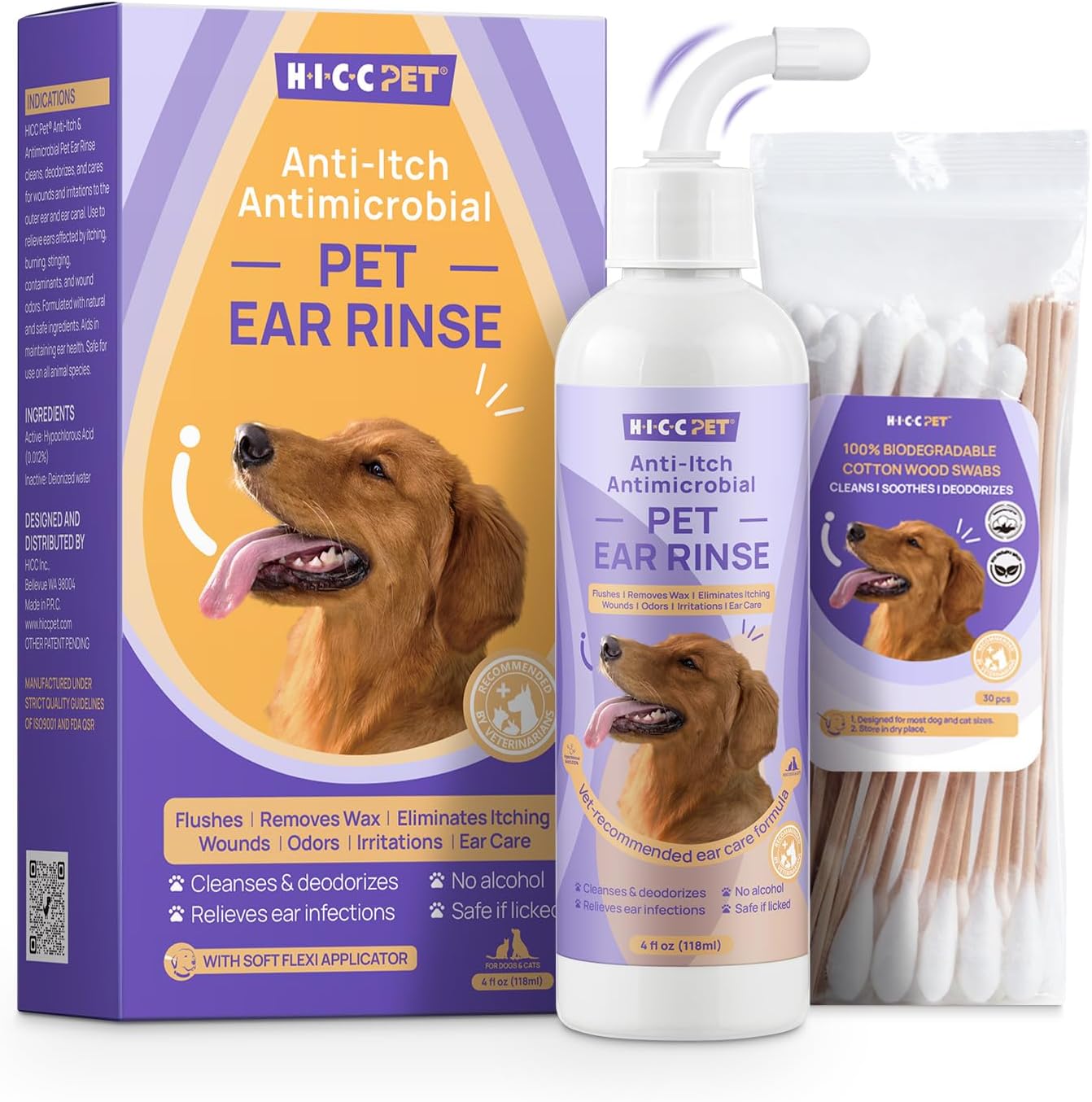 HICC PET Ear Cleaner for Dogs & Cats, Dog Ear Infection Treatment To Soothe Itchiness and Inflammation, Dog Ear Drops To Stop Wax Build Up, Head Shaking, Scratching Ear Odour, 4 Fl Oz