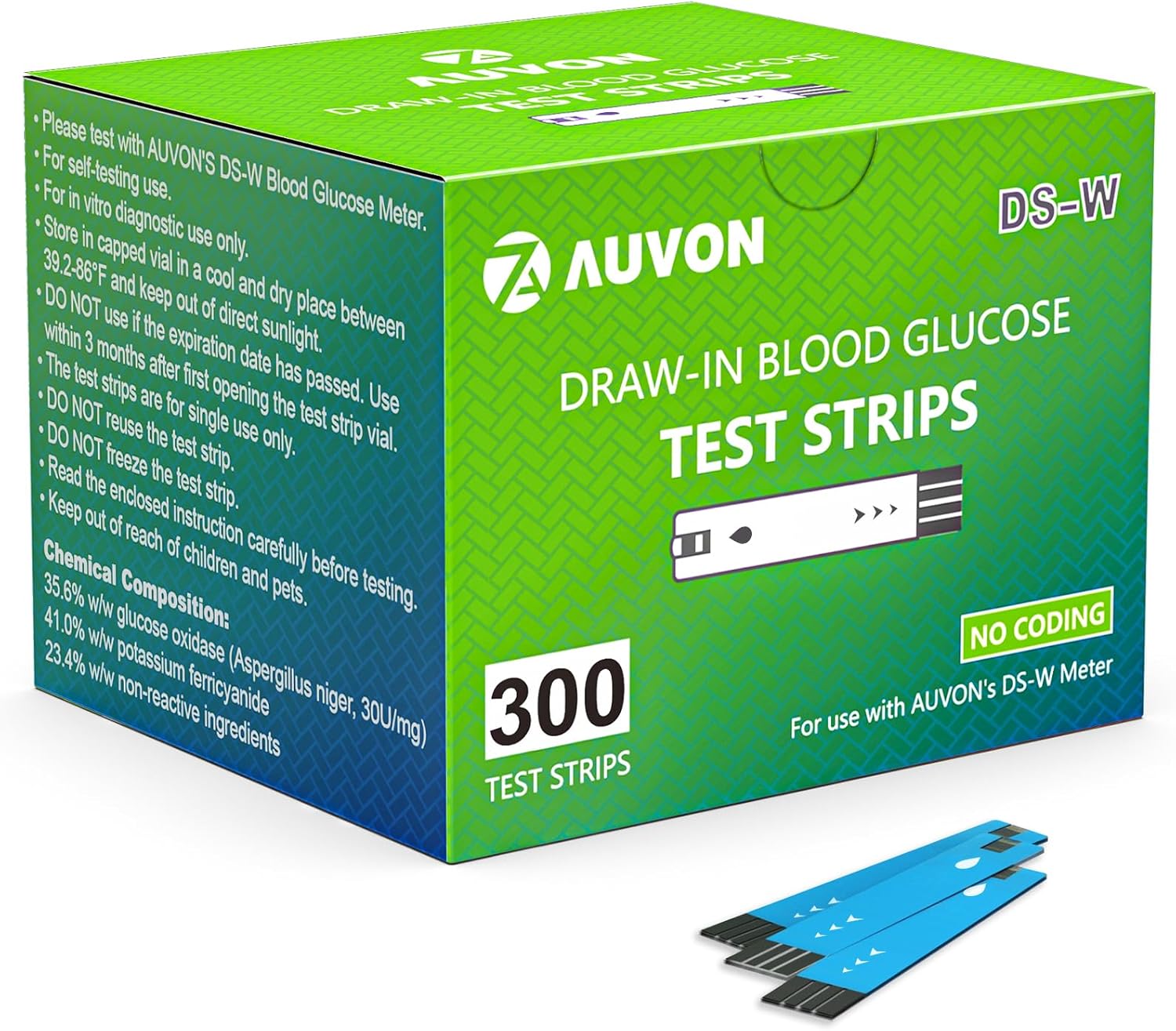 AUVON DS-W Draw-in Blood Glucose Test Strips for use with AUVON DS-W Diabetes Sugar Testing Meter (No Coding Required, 300 Count)