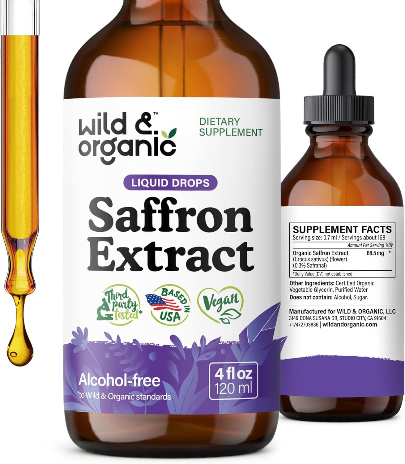 Wild & Organic Saffron Tincture - 88.5 mg Saffron Extract Drops for Mood, Focus, Eye Support - Crocus Sativus Liquid Extract - Vegan, Alcohol & Sugar-Free Supplement - 4 fl oz