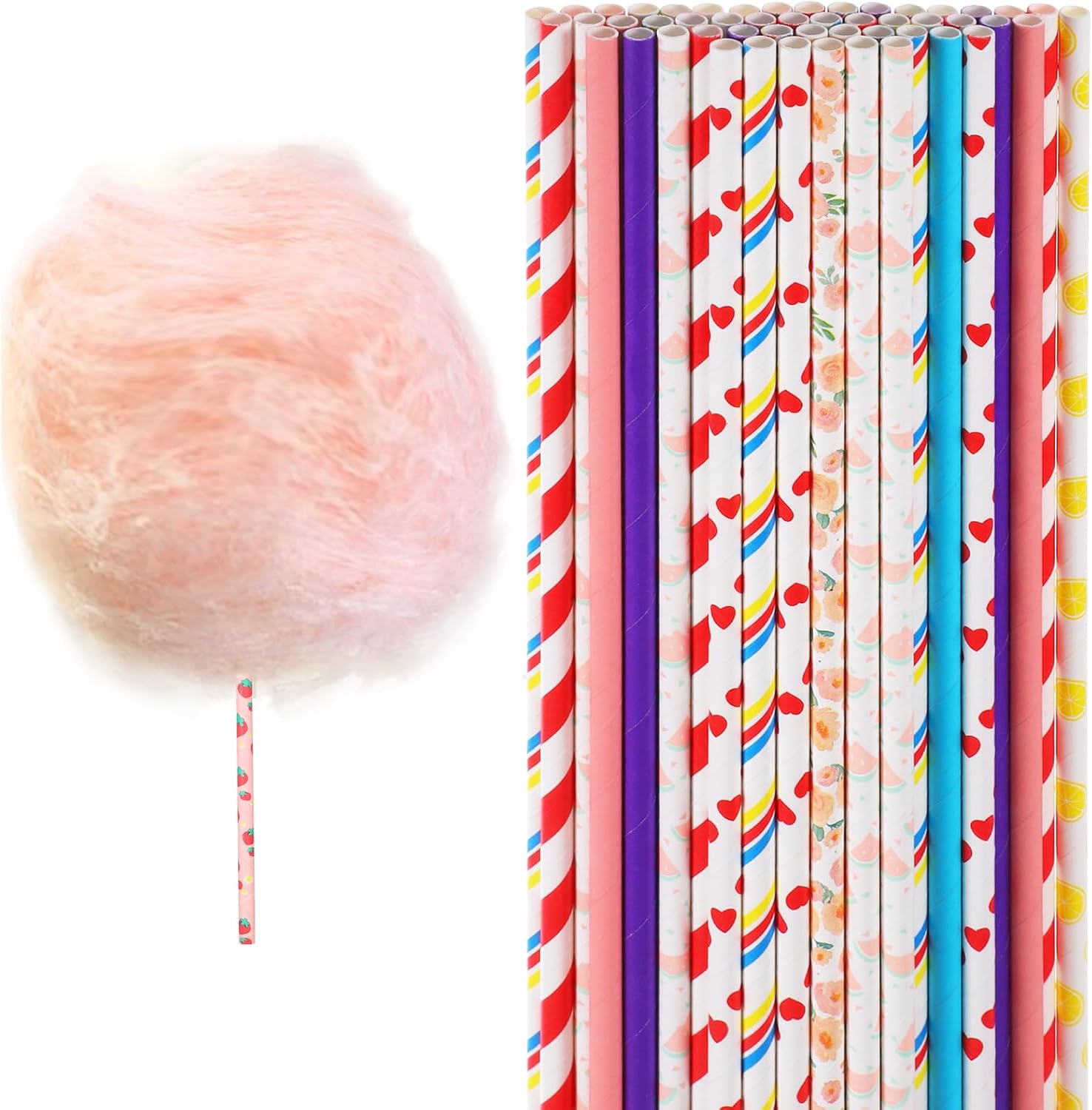 50 PCS Cotton Candy Floss Cones, Random Colorful Cotton Candy Floss Sugar and Cones, Candys Holder Paper Straws Tapers Supplies for Birthday Wedding Party Candy Making