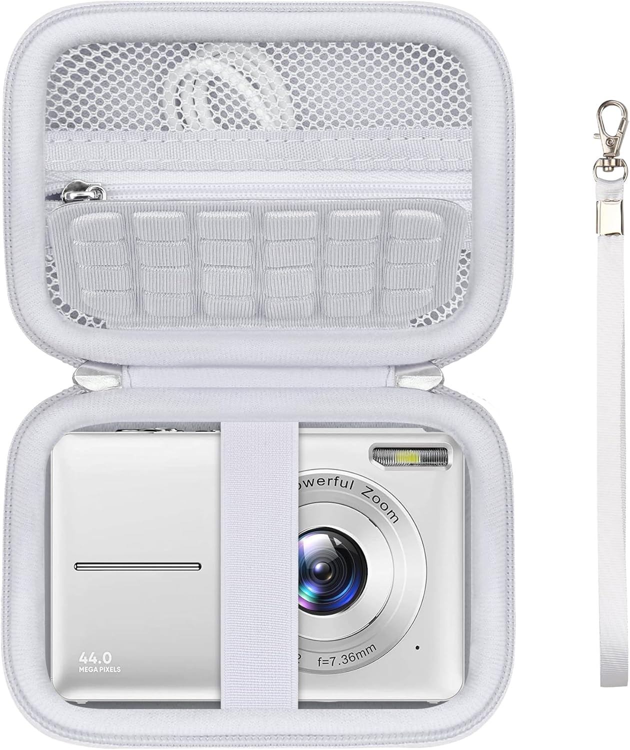 Carrying Case for CAMKORY/for Lecnippy/for Lecran/for ROQIOO Digital Camera, Digital Point and Shoot Camera Storage Holder Travel Bag with Mesh Pocket for Battery, USB Cable, SD Card, White